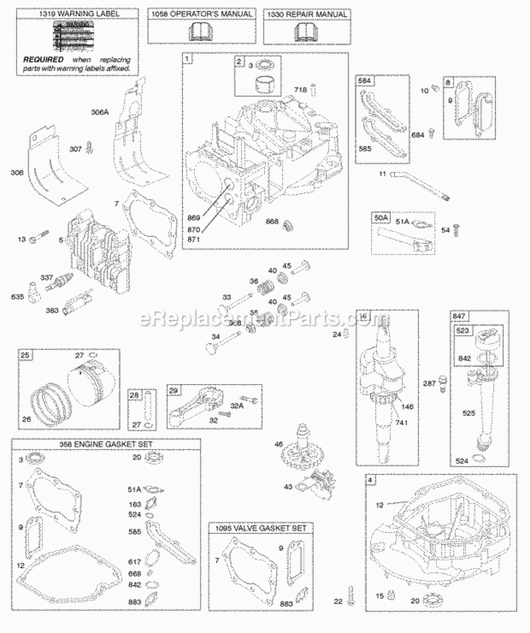 Camshaft Crankshaft Cylinder Engine Sump Lubrication Piston Group Valves Diagram and Parts List for 126L02-0132-F1  Briggs and Stratton Engine